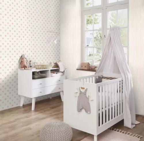 Rasch Kids World 2, vlies anyagú, fehér, rózsaszín színű, pöttyös, Gyerek tapéta