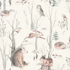   Rasch Kids World 2, vlies anyagú, fehér, szürke, barna színű, állatos, fás, Gyerek tapéta