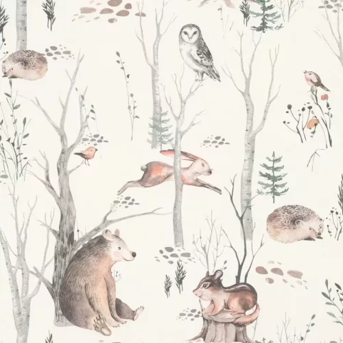 Rasch Kids World 2, vlies anyagú, fehér, szürke, barna színű, állatos, fás, Gyerek tapéta