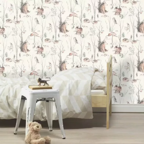 Rasch Kids World 2, vlies anyagú, fehér, szürke, barna színű, állatos, fás, Gyerek tapéta