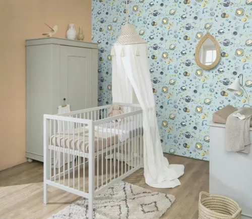 Rasch Kids World 2, vlies anyagú, kék, barna, fekete színű, bolygós, Gyerek tapéta