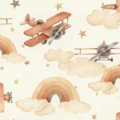   Rasch Kids World 2, vlies anyagú, fehér, barna, beige színű, felhős, repülős, Gyerek tapéta
