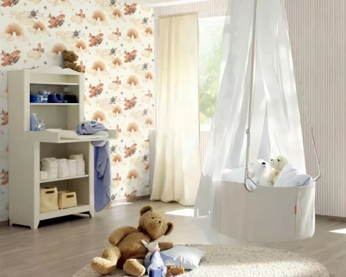 Rasch Kids World 2, vlies anyagú, fehér, barna, beige színű, felhős, repülős, Gyerek tapéta