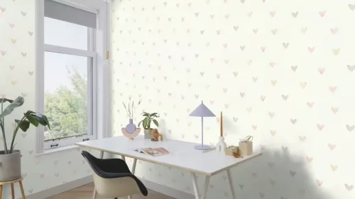 Rasch Kids World 2, vlies anyagú, fehér, rózsaszín, sárga színű, szivecskés, Gyerek tapéta
