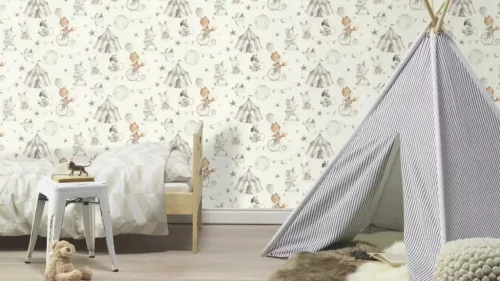 Rasch Kids World 2, vlies anyagú, fehér, barna, szürke, rózsaszín színű, állatos, Gyerek tapéta