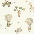 Rasch Kids World 2, vlies anyagú, fehér, barna, zöld színű, légballonos, állatos, Gyerek tapéta