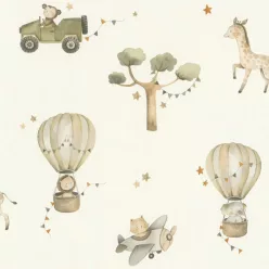   Rasch Kids World 2, vlies anyagú, fehér, barna, zöld színű, légballonos, állatos, Gyerek tapéta