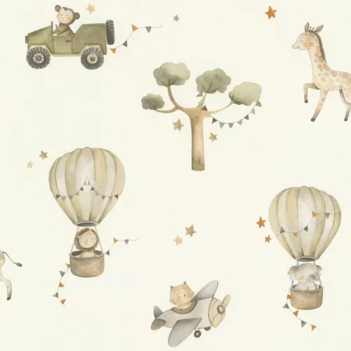 Rasch Kids World 2, vlies anyagú, fehér, barna, zöld színű, légballonos, állatos, Gyerek tapéta