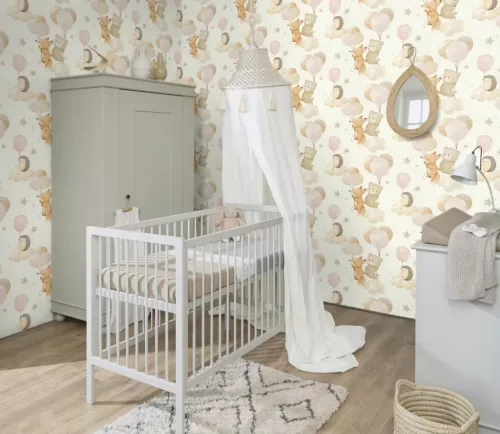 Rasch Kids World 2, vlies anyagú, fehér, barna, rózsaszín színű, lufis, állatos, Gyerek tapéta