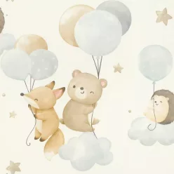   Rasch Kids World 2, vlies anyagú, fehér, barna, kék színű, lufis, állatos, Gyerek tapéta