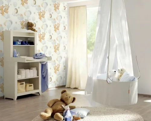 Rasch Kids World 2, vlies anyagú, fehér, barna, kék színű, lufis, állatos, Gyerek tapéta