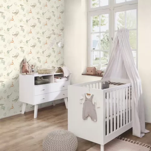 Rasch Kids World 2, vlies anyagú, fehér, zöld, barna színű, repülős, állatos, földgömb, Gyerek tapéta