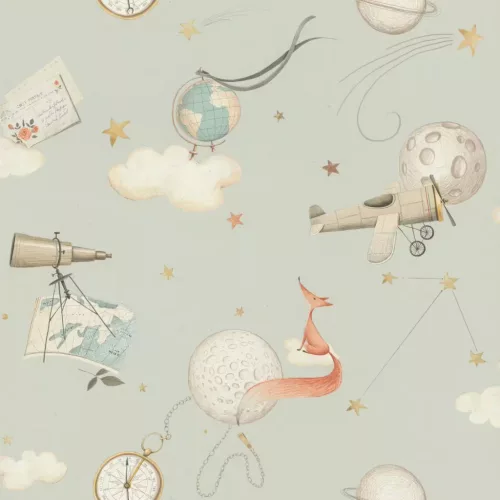 Rasch Kids World 2, vlies anyagú, fehér, barna, zöld színű, repülős, állatos, földgömb, Gyerek tapéta