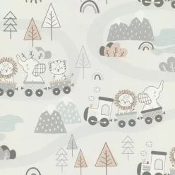   Rasch Kids World 2, vlies anyagú, fehér, szürke, barna színű, vonatos, állatos, Gyerek tapéta
