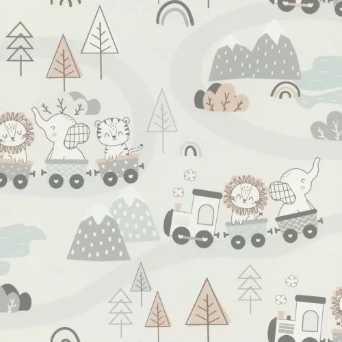Rasch Kids World 2, vlies anyagú, fehér, szürke, barna színű, vonatos, állatos, Gyerek tapéta