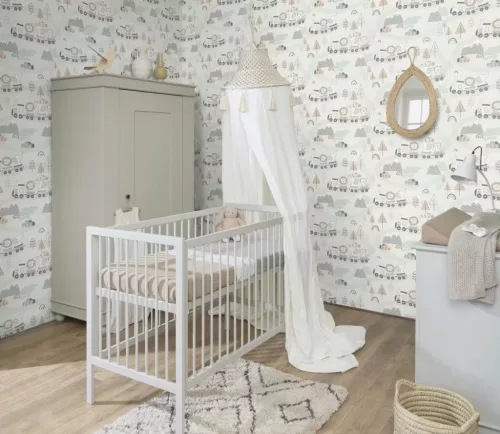 Rasch Kids World 2, vlies anyagú, fehér, szürke, barna színű, vonatos, állatos, Gyerek tapéta