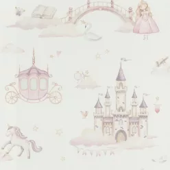   Rasch Kids World 2, vlies anyagú, fehér, rózsaszín, lila, barna színű, kastélyos, hercegnős, Gyerek tapéta