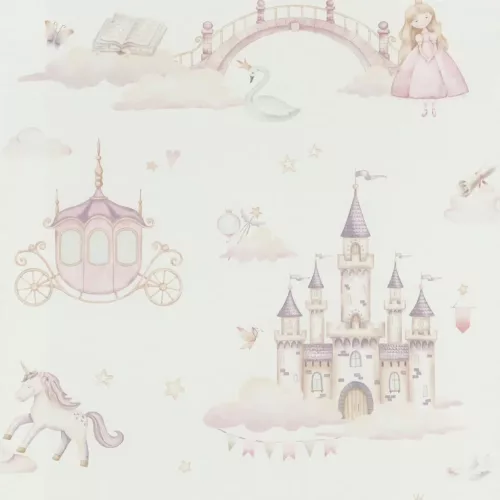 Rasch Kids World 2, vlies anyagú, fehér, rózsaszín, lila, barna színű, kastélyos, hercegnős, Gyerek tapéta