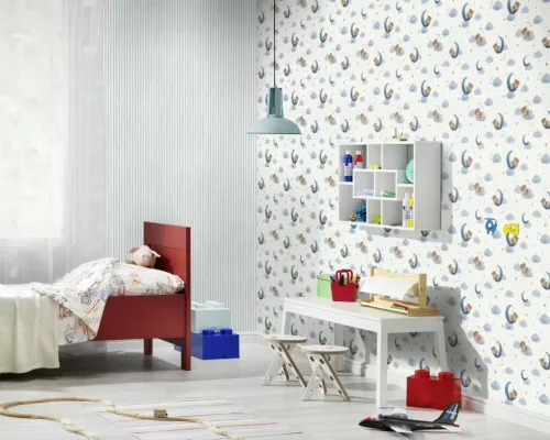 Rasch Kids World 2, vlies anyagú, fehér, kék, barna színű, macis, felhős, csillagos, Gyerek tapéta