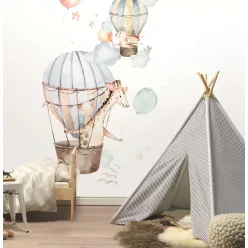   Rasch Kids World 2, vlies anyagú, fehér, kék, barna, sárga színű, légballonos, állatos, Gyerek poszter