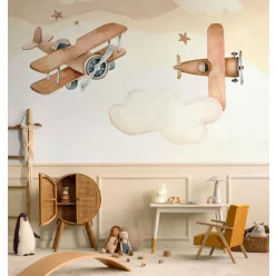   Rasch Kids World 2, vlies anyagú, barna, beige színű, felhős, repülős, Gyerek poszter