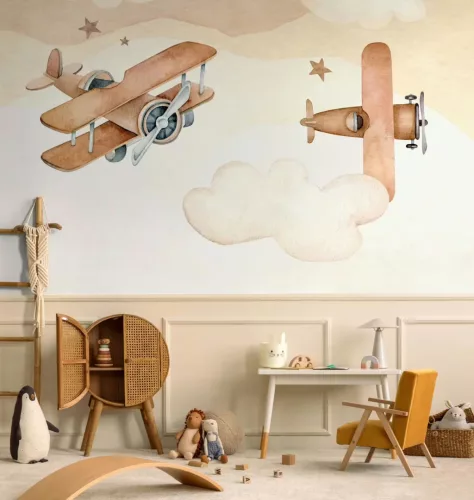 Rasch Kids World 2, vlies anyagú, barna, beige színű, felhős, repülős, Gyerek poszter