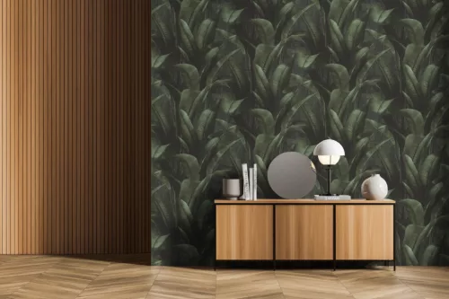 Rasch Rasch Back to Nature vinyl, vlies anyagú, fekete, zöld színű, 3d, leveles, Modern tapéta