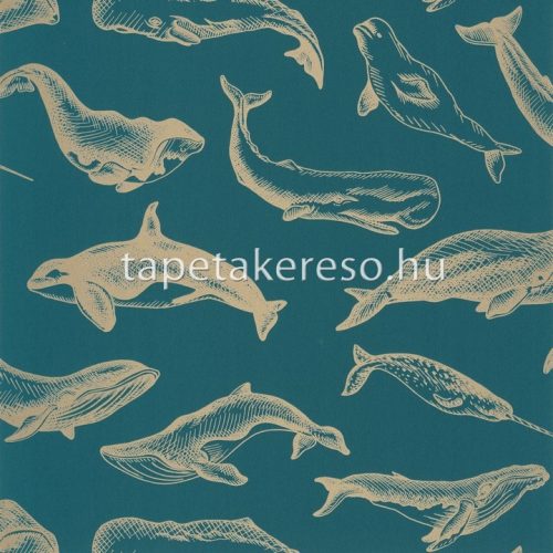 Caselio Sea You Soon vlies, vinyl anyagú kék, arany színű halas, tenger modern tapéta