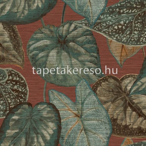 Decoprint Tahiti vlies, vinyl anyagú piros, zöld, türkiz színű leveles, szövethatású modern, natural tapéta