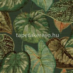   Decoprint Tahiti vlies, vinyl anyagú zöld, narancssárga, barna színű leveles, szövethatású modern, natural tapéta