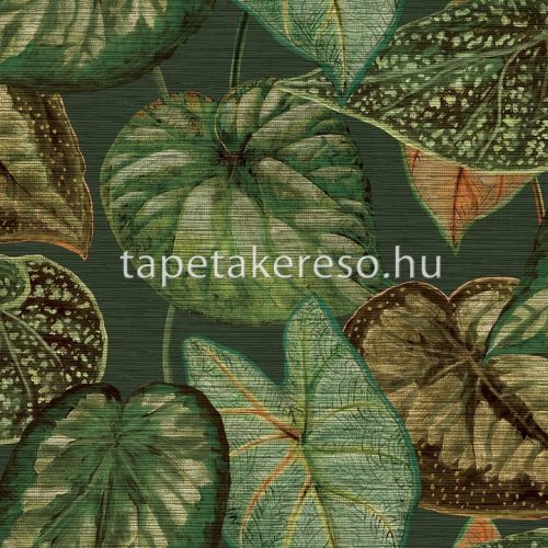 Decoprint Tahiti vlies, vinyl anyagú zöld, narancssárga, barna színű leveles, szövethatású modern, natural tapéta