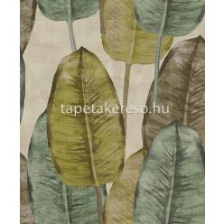   Decoprint Tahiti vlies, vinyl anyagú türkiz, sárga, barna színű leveles, szövethatású modern, natural tapéta