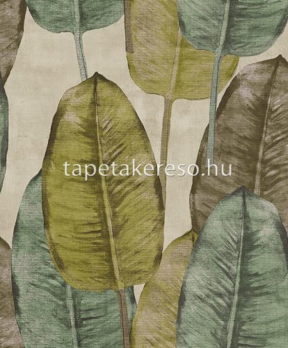 Decoprint Tahiti vlies, vinyl anyagú türkiz, sárga, barna színű leveles, szövethatású modern, natural tapéta