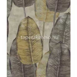   Decoprint Tahiti vlies, vinyl anyagú szürke, barna, sárga színű leveles, szövethatású modern, natural tapéta