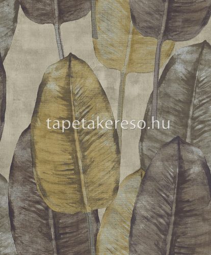 Decoprint Tahiti vlies, vinyl anyagú szürke, barna, sárga színű leveles, szövethatású modern, natural tapéta