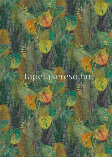 Decoprint Tahiti vlies, vinyl anyagú zöld, sárga, szürke, barna színű textilhatású, leveles modern, natural poszter