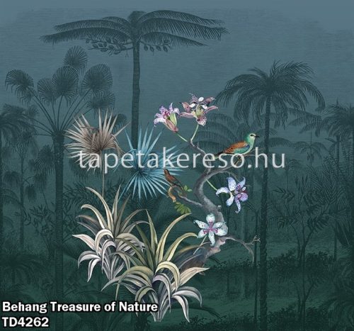 Behang Expresse Treasure of Nature vlies anyagú kék, barna, lila színű madaras, virágos, növényes modern, natural poszter