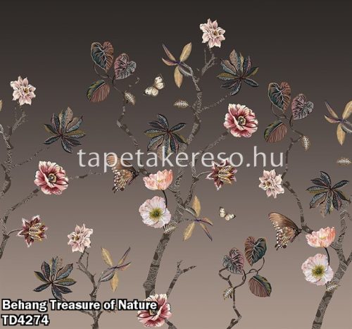 Behang Expresse Treasure of Nature vlies anyagú barna, fehér, fekete, barack, mályva, sárga, zöld színű pillangós, virágos, ágas modern, natural poszter
