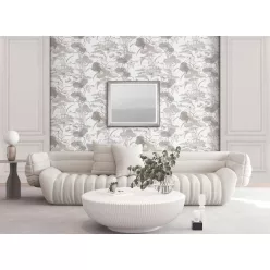   Design ID Tapestry vlies, vinyl anyagú törtfehér, barna, szürke színű madaras, növényes modern tapéta