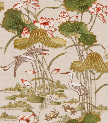 Design ID Tapestry vlies, vinyl anyagú beige, barna, zöld, piros színű madaras, növényes modern tapéta