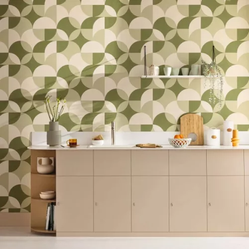 Caselio Twist vlies, vinyl anyagú, beige, zöld színű, geometriai, Modern tapéta