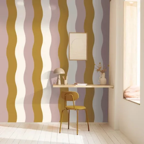 Caselio Twist vlies, vinyl anyagú, lila, barna, fehér színű, csíkos, hullámos, Modern tapéta