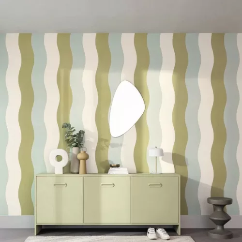 Caselio Twist vlies, vinyl anyagú, kék, zöld, fehér színű, csíkos, hullámos, Modern tapéta