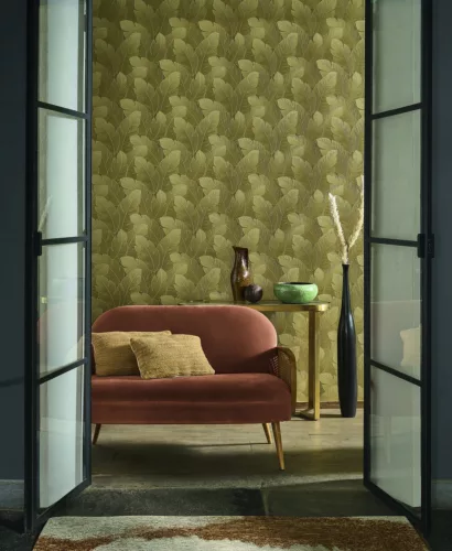 Casadeco Vegetals vlies, vinyl anyagú, arany színű, leveles, Modern tapéta