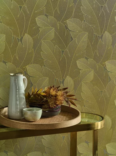 Casadeco Vegetals vlies, vinyl anyagú, arany színű, leveles, Modern tapéta