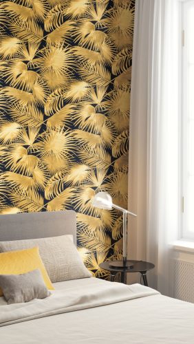 Khroma Wild vlies anyagú fekete, mustársárga színű leveles, növényes modern tapéta