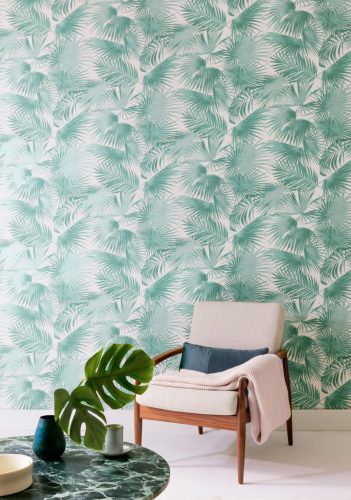 Khroma Wild vlies anyagú fehér, türkiz színű leveles, növényes modern tapéta