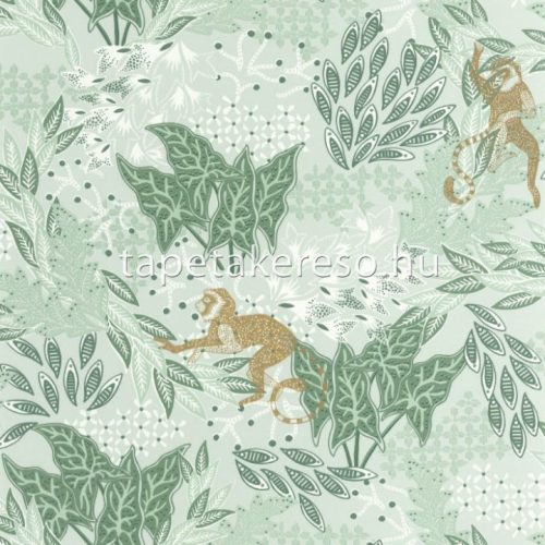 Caselio Wild vlies anyagú menta, zöld, arany, fehér színű leveles, állatos modern, natural tapéta
