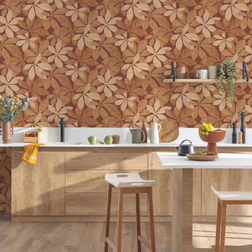 Caselio Woodline, vinyl, vlies anyagú, barna színű, leveles, Modern tapéta
