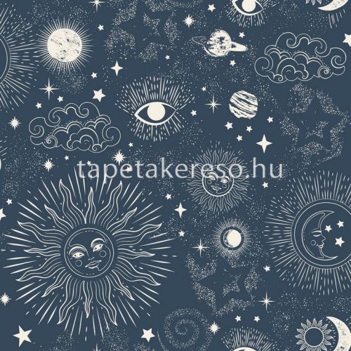 Caselio Young & Free vlies, vinyl anyagú kék, fehér színű csillagos, bolygós ifjúsági tapéta